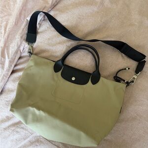 Longchamp Olive Tote with Black Trim and Strap